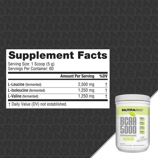 BCAA 5000 Natural Powder - Raw Unflavored - 10.6 OZ (NutraBio)