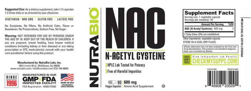 Load image into Gallery viewer, NAC N-ACETYL Cystene 600mg - 90 Veggie Capsules (NutraBio)
