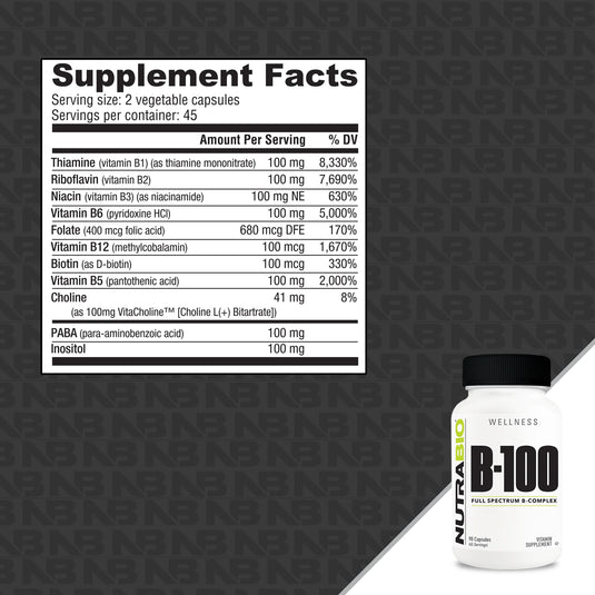 B-100 Full Spectrum B Complex - 90 Vegetable Capsules (NutraBio)
