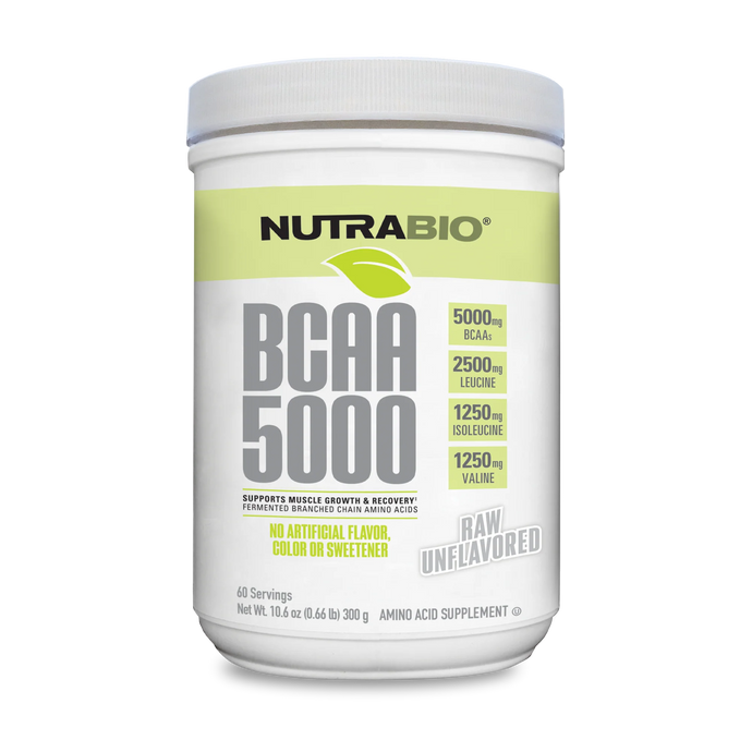 BCAA 5000 Natural Powder - Raw Unflavored - 10.6 OZ (NutraBio)