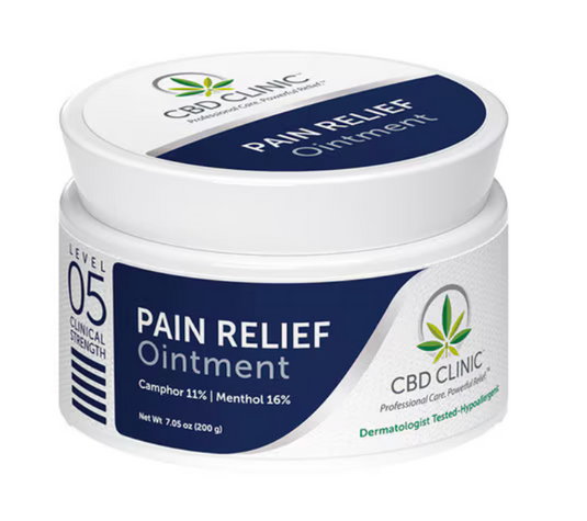 Jar of CBD Clinic Pain Relief Ointment on a white background