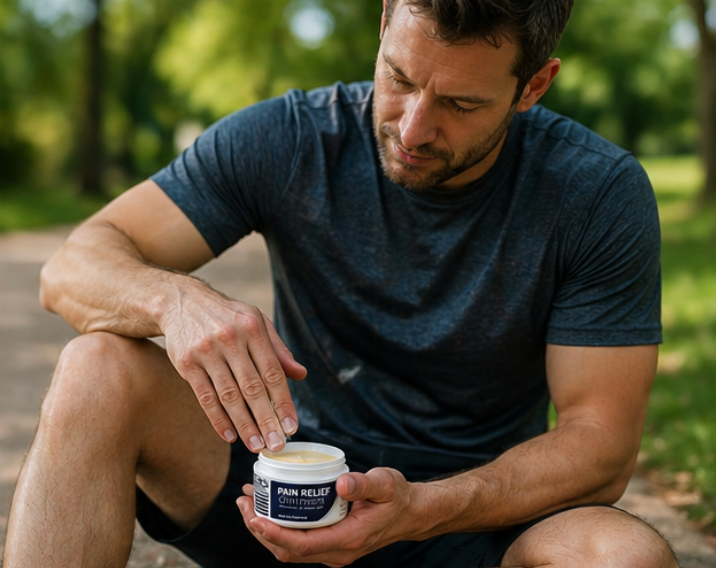 Man sitting outdoors holding a jar of pain relief cream.