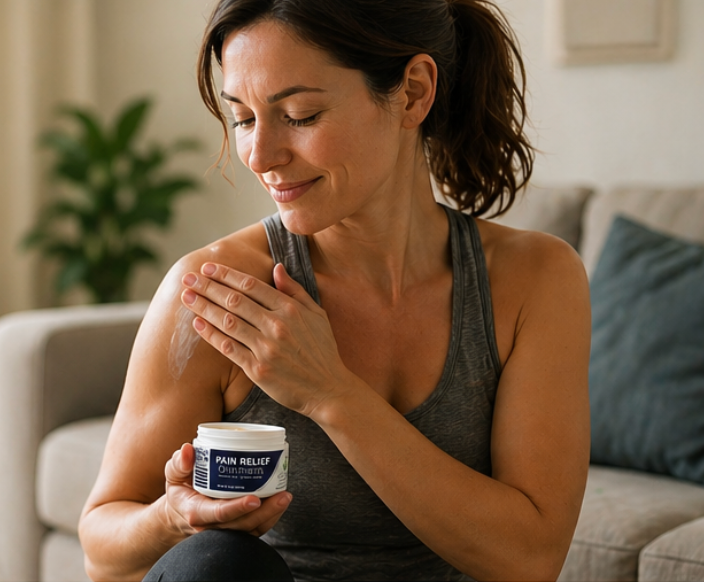 Woman applying cream to her shoulder while holding a jar of Level 5 Pain Relief Ointment.